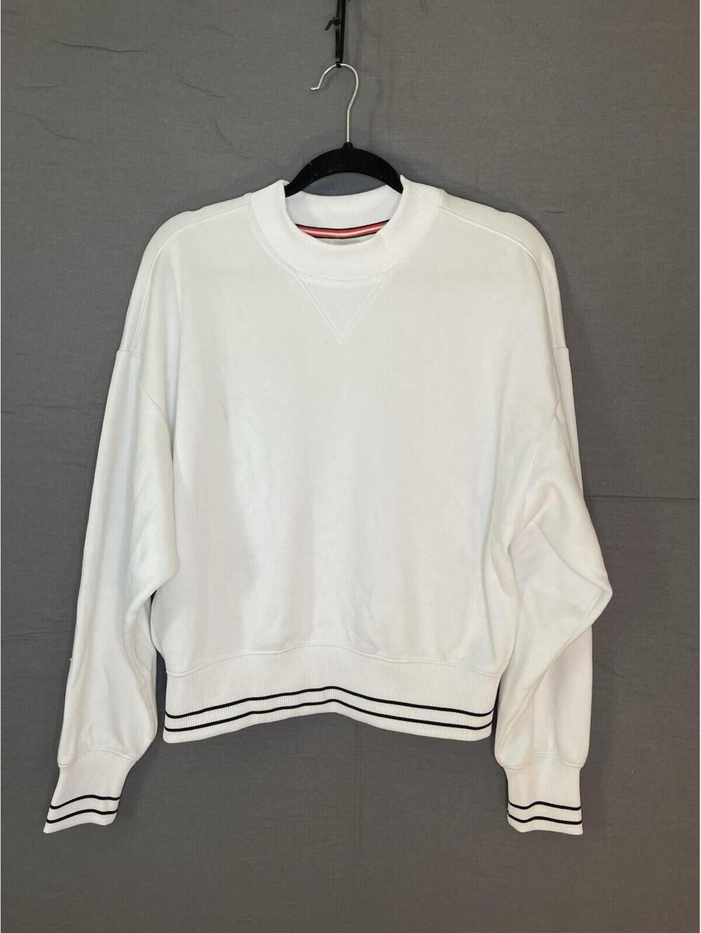 CALIA Women’s XS White Crewneck Sweatshirt Striped Hem Cuffs Athleisure Pullover
